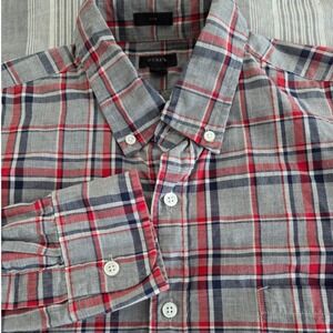 J. Crew Slim Fit Plaid Gray‎ Red Long Sleeve Button Down Mens Shirt Sz M Preppy